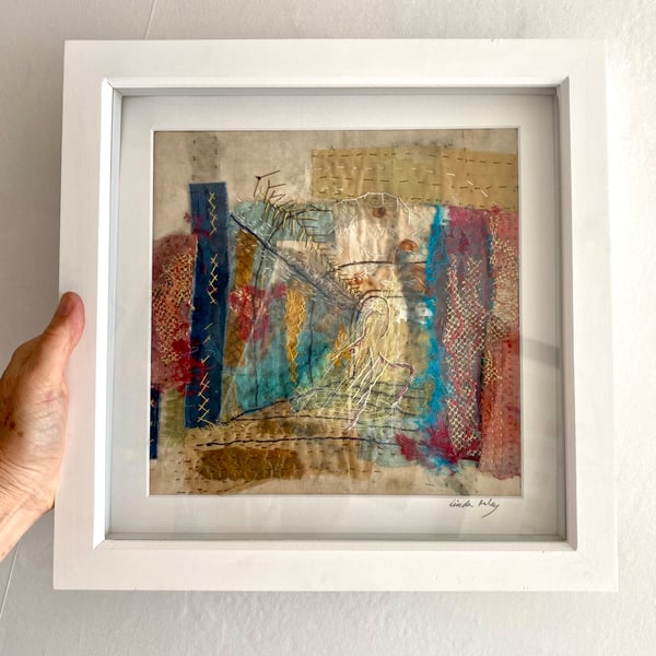 Ghostly Dancer in the Spotlight, hand embroidered abstract textile art 
