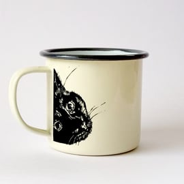 Black Cat Mug Enamel Mug - cat lover gift, camping picnicing cup, cream and grey