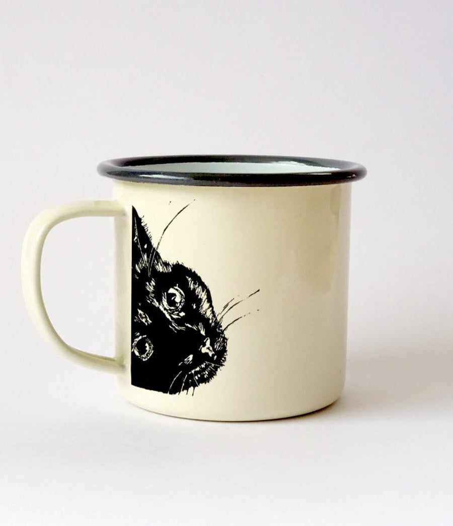 Black Cat Mug Enamel Mug - cat lover gift, camping picnicing cup, cream and grey
