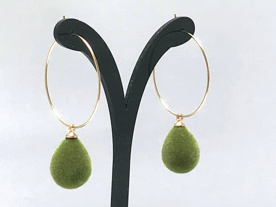 VELVET DROP HOOPS disco green funky gold plated flock