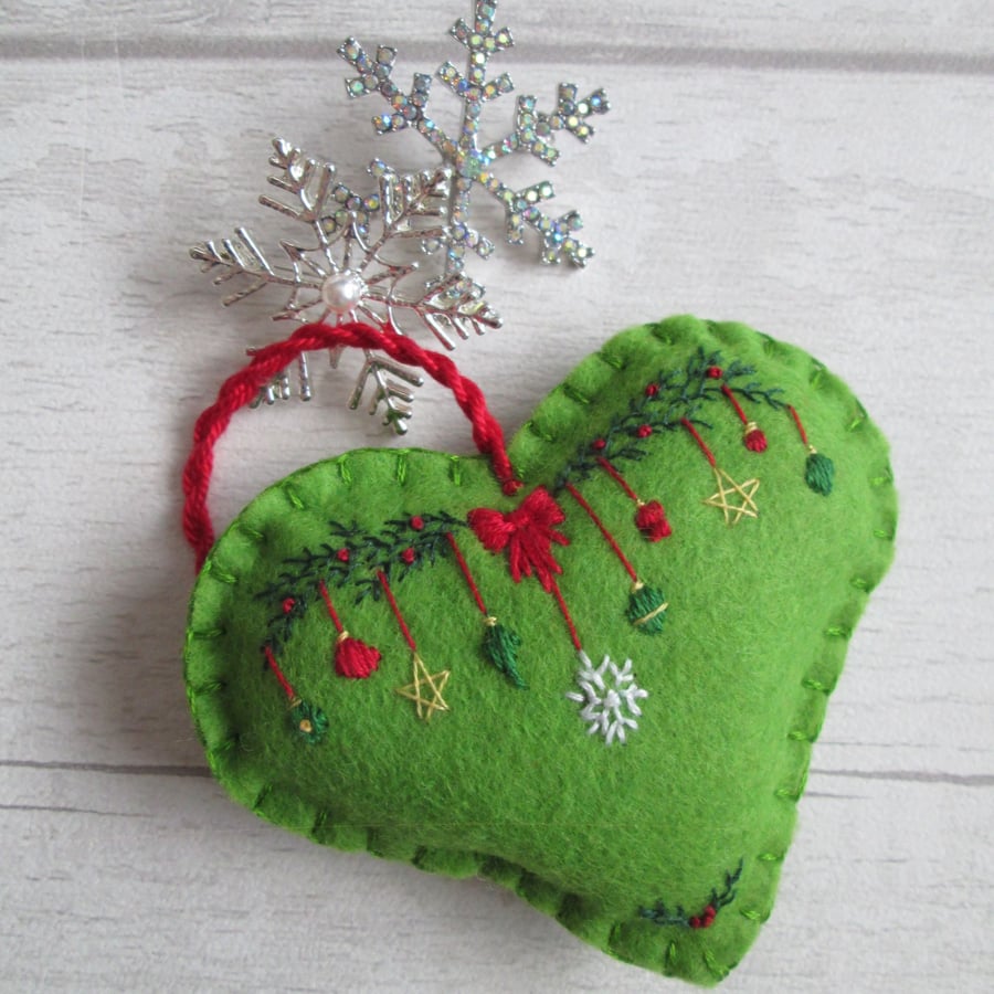 Hand Embroidered Keepsake Christmas Heart Decoration - Baubles on Green
