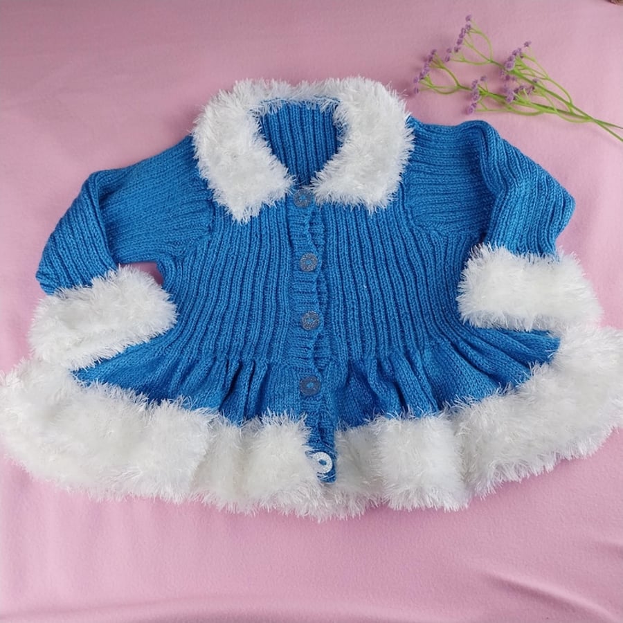Hand Knitted Girls Blue Peplum Cardigan with Fluffy Trim, Age 2-4 Years