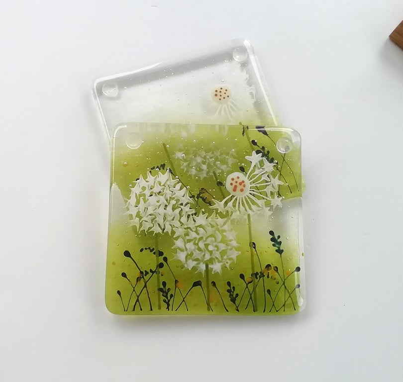 Dandelion set of two coasters, fused glass, barware, home decor, patio decor, fe