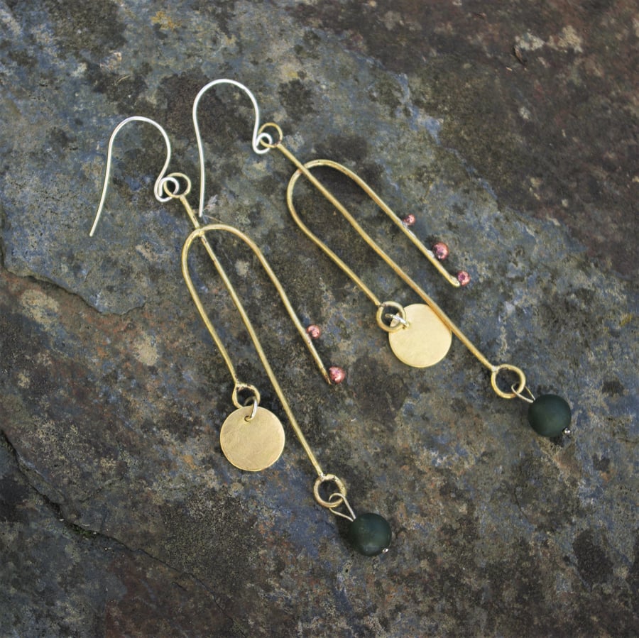 Very Long Brass Statement Earrings with Green Agate and Copper