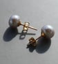Silver Grey Pearl Button Earrings with 14k Gold Filled Stud and Back - Image 6