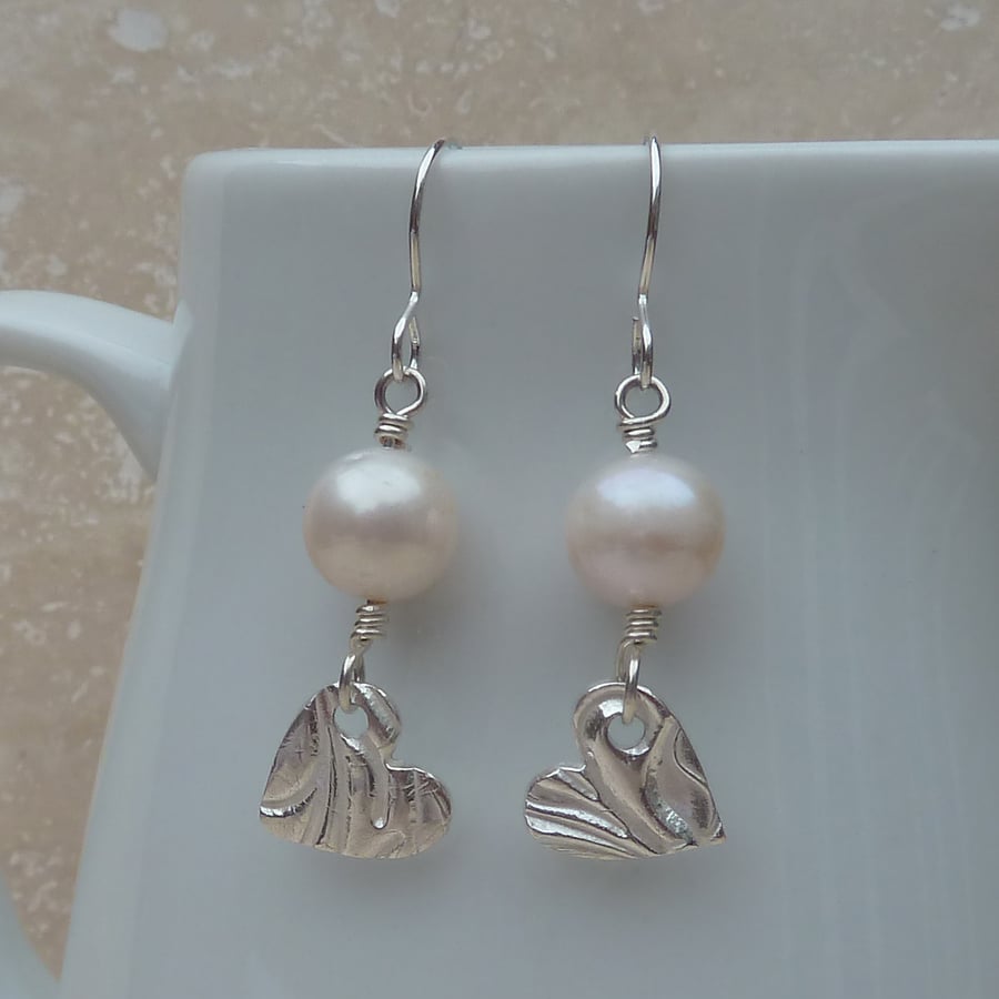 White Freshwater Pearl and Fine Silver Heart Earrings - SILV010