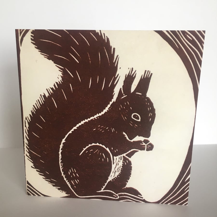 Red Squirrel - Greeting Card - Linocut Print - Blank Inside