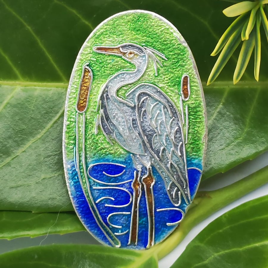 Fine silver enameled heron pendant 