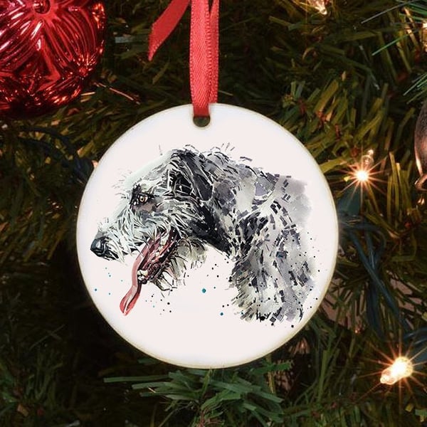 Irish Wolfhound II Ceramic Circle Tree Decoration. Irish Wolfhound Xmas Tree Dec