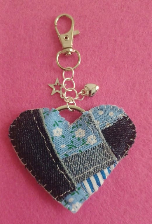 Handmade Fabric Patchwork Heart Keyring Bag Charm Denim