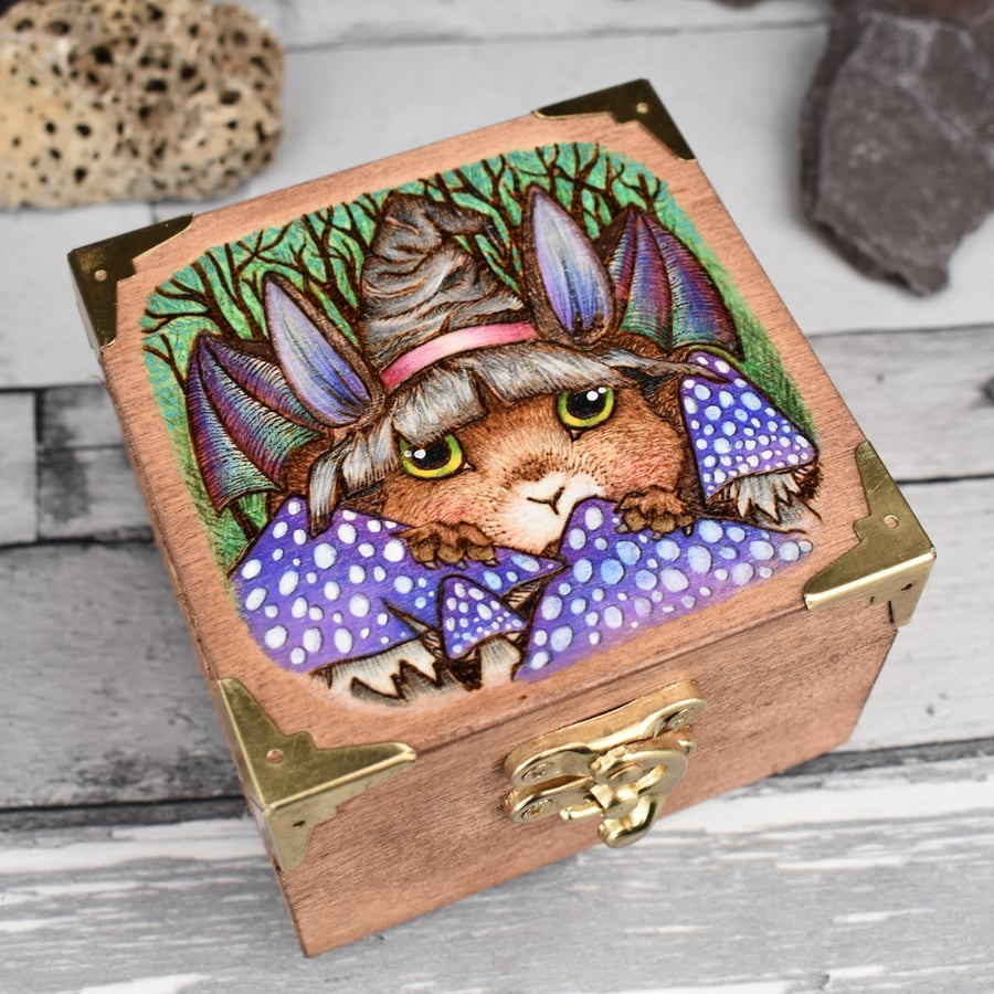 Rustic bunny wizard pyrography wooden box, jewellery box, treasure keeper.