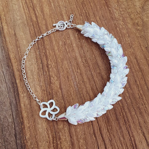 Sterling Silver and Mother of Pearl Lotus Dragonscale Kumihimo Bracelet