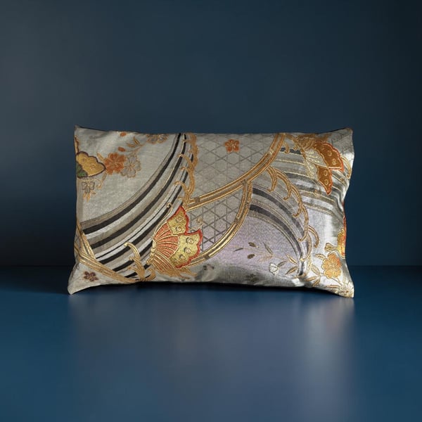 Japanese Butterfly Silk Cushion Made From Vintage Obi Silver Colour