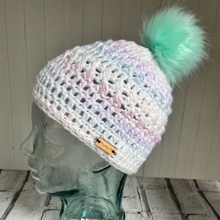 Pastel Beanie with Mint Green Pom-Pom