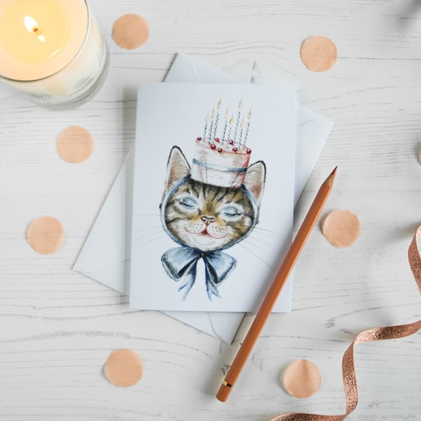 Illustrated cat Birthday card featuring Pepper the tabby cat. Unisex card