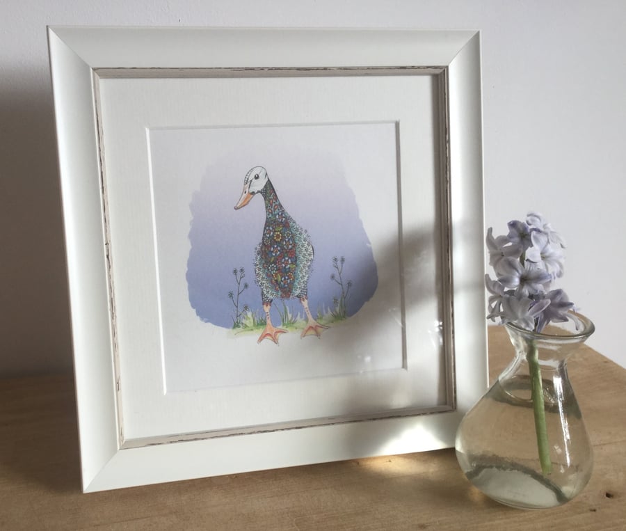 Blue Floral Runner Duck 9.5 x 9.5” framed signed print