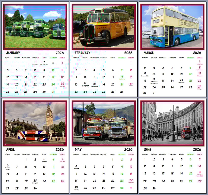 2026 A4 Calendar Busses Themed 