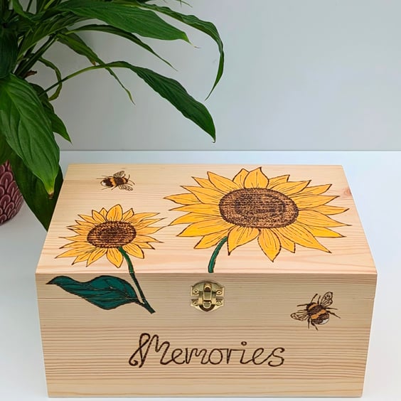 Sunflowers wooden memory box,  keepsake box, pyrography decorative storage 
