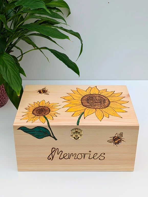 Sunflowers wooden memory box,  keepsake box, pyrography decorative storage 