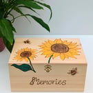 Sunflowers wooden memory box,  keepsake box, pyrography decorative storage 