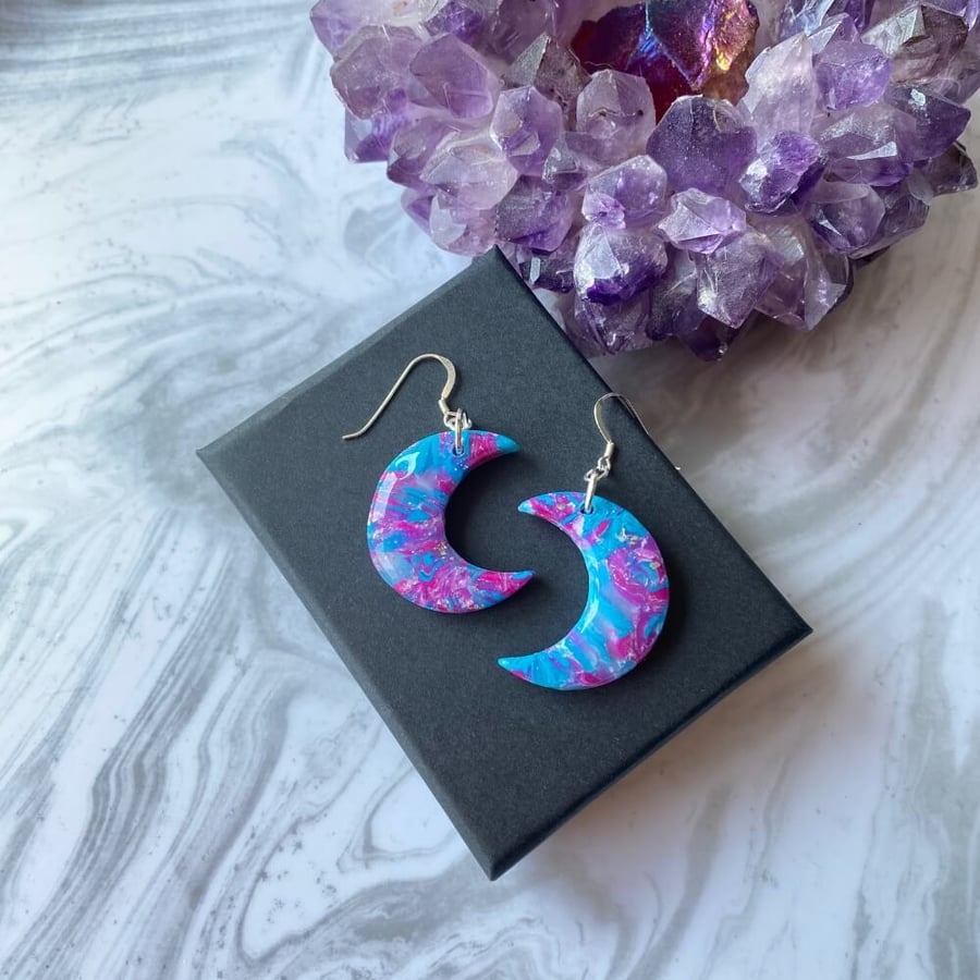 Pink and blue moon earrings made with polymer c... - Folksy