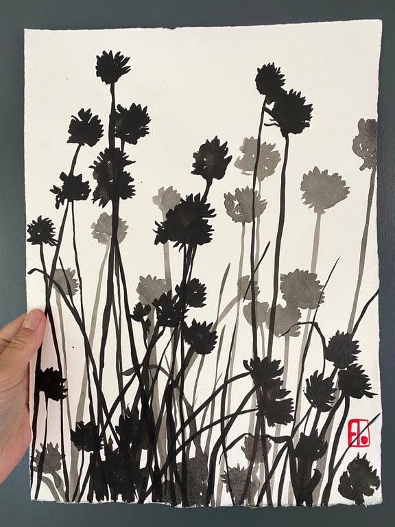 Garden Chives, ink shadow painting, original artwork, handmade paper