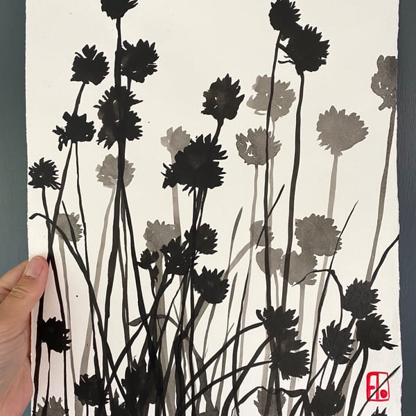 Garden Chives, ink shadow painting, original artwork, handmade paper