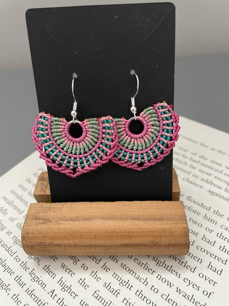 Boho Earrings, macrame beaded fan shape earrings, dangle earrings 