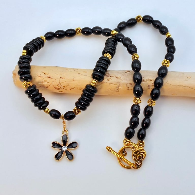 Black & Gold necklace With Flower Pendant, Birthday, Anniversary, Gift For Her