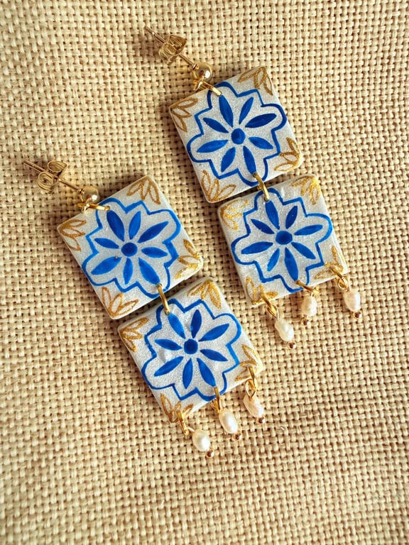 SOFIA - Portuguese Tile Rice Pearl Dangle Statement Earrings