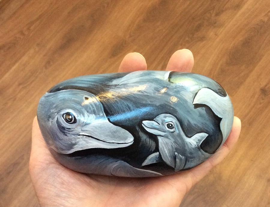 Hand painted pebble dolphin and baby