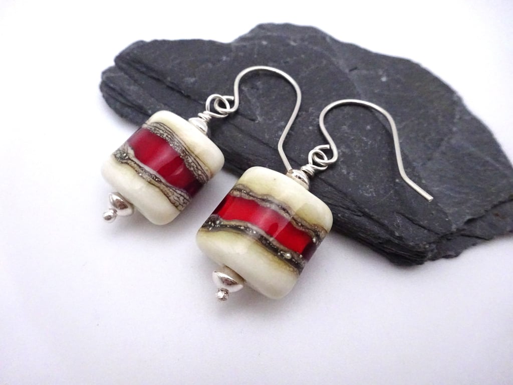 lampwork glass earrings, red and ivory
