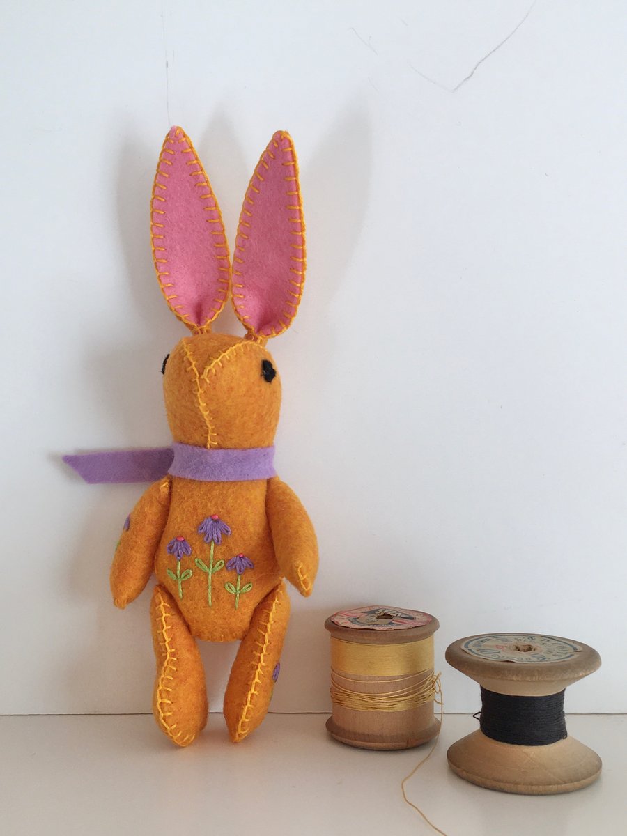 Hand Embroidered Little Golden Yellow Heathered Felt Bunny 