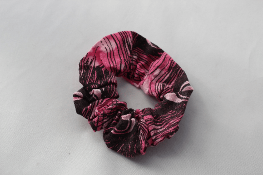 Pink hair scrunchie,hair tie,pink and black hand print peacock print.gift