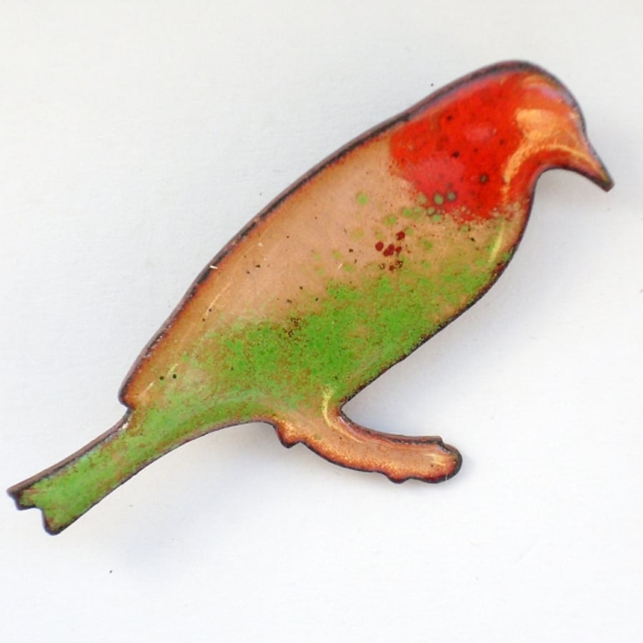 enamel brooch - red, gold, green bird