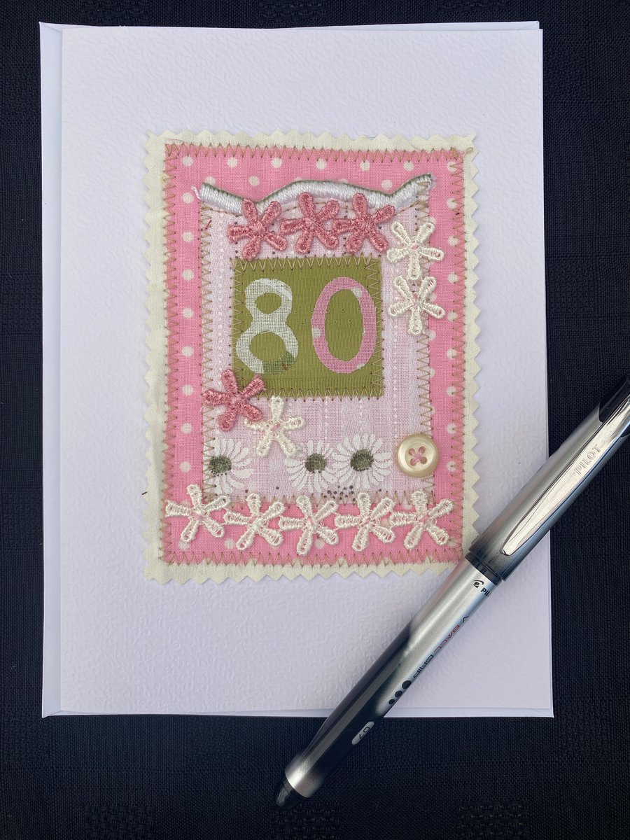80th birthday card, fabric, free postage 