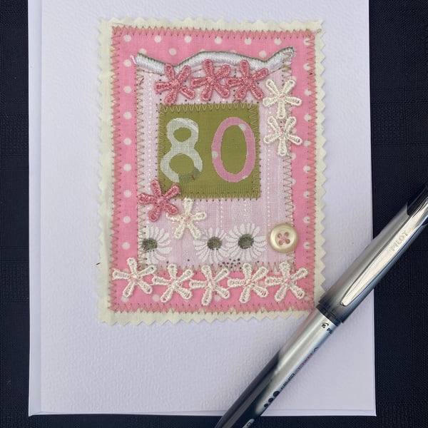 80th birthday card, fabric, free postage 