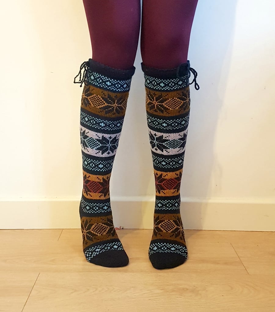 Knee length wool socks stockings colourful traditional nordic star snowflake
