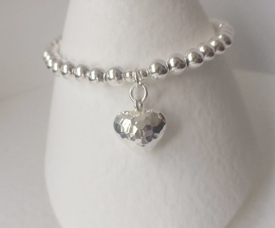 Sterling Silver Beaded Ball Heart Charm Bracelet, 925  Beaded Ball Bracelet