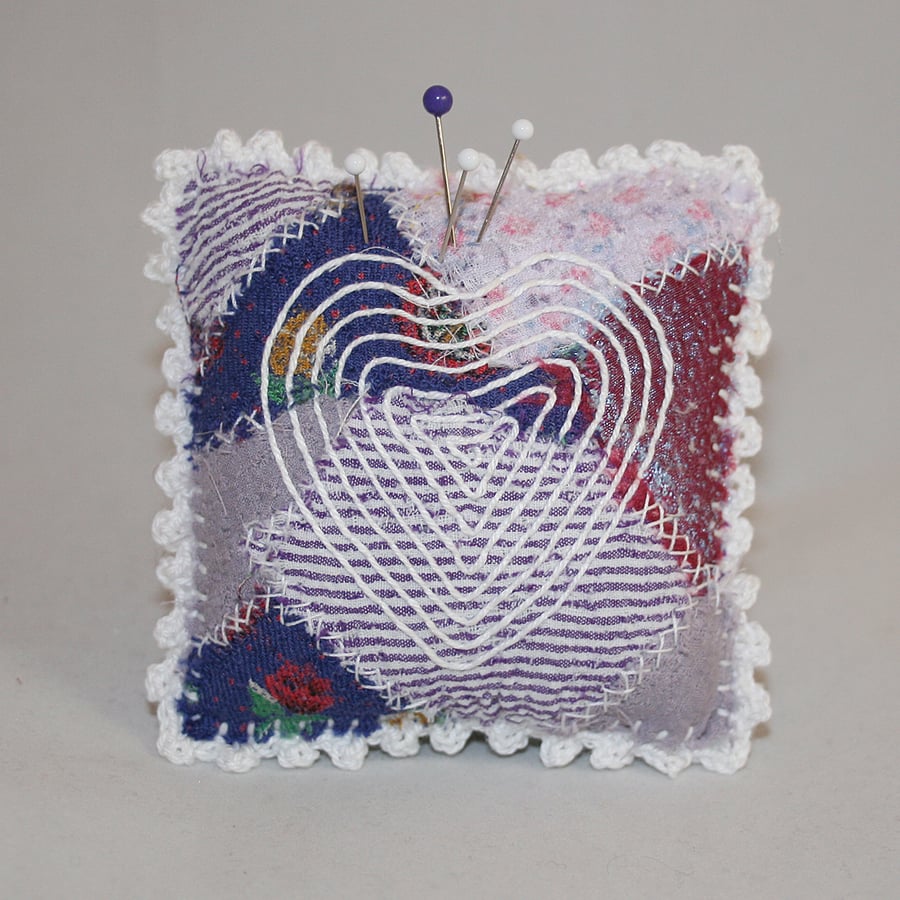 Embroidered Heart Pincushion on Purple Patchwork