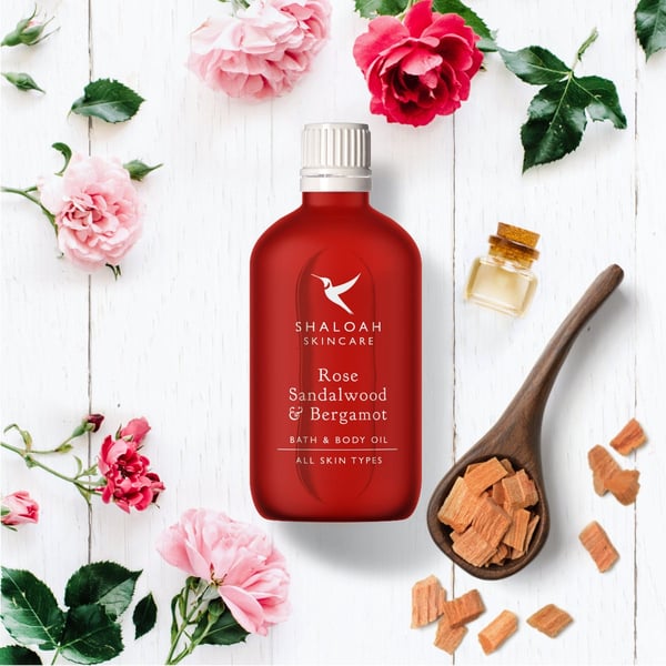 Rose body oil with sandalwood & bergamot for bath, body and massage, aromatherap