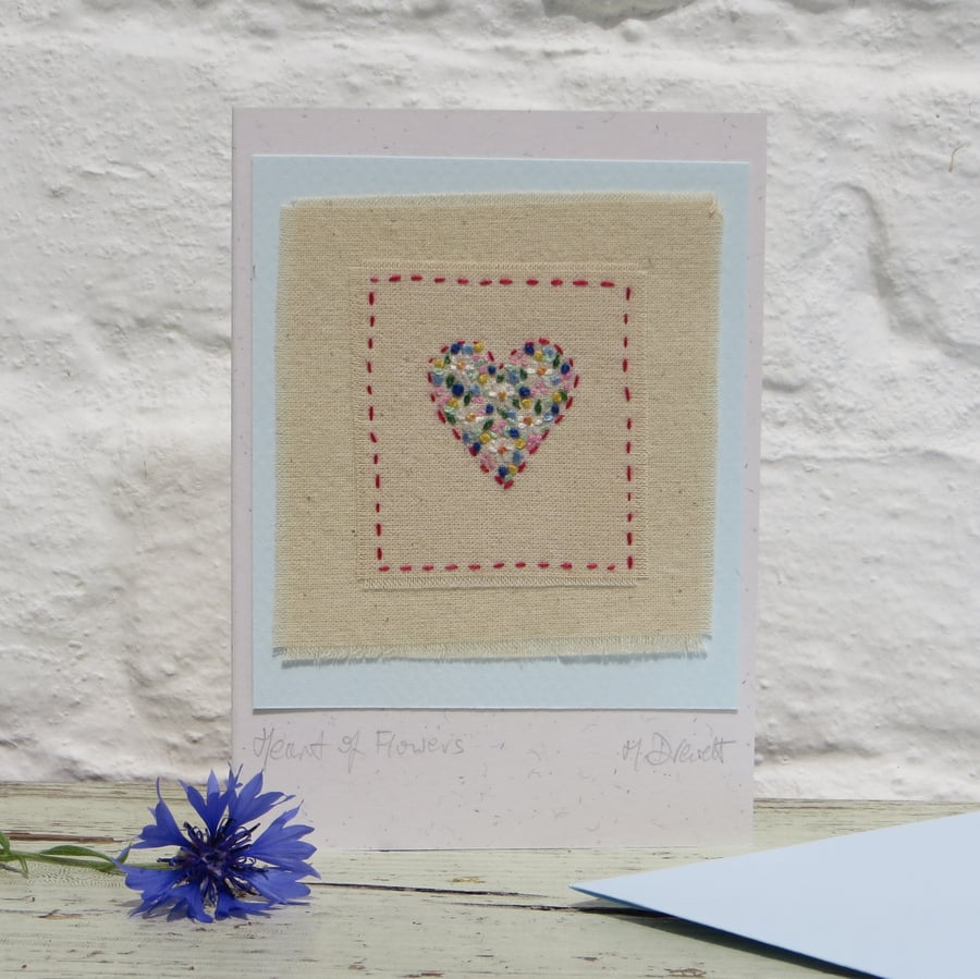Delicately hand-stitched heart of flowers - a card to keep