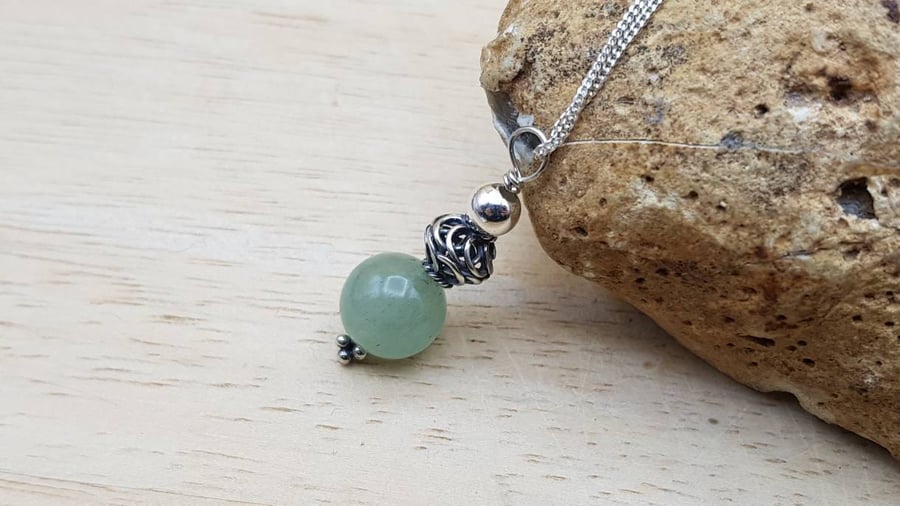 Small Green Aventurine pendant necklace. Bali silver beads. Reiki jewelry