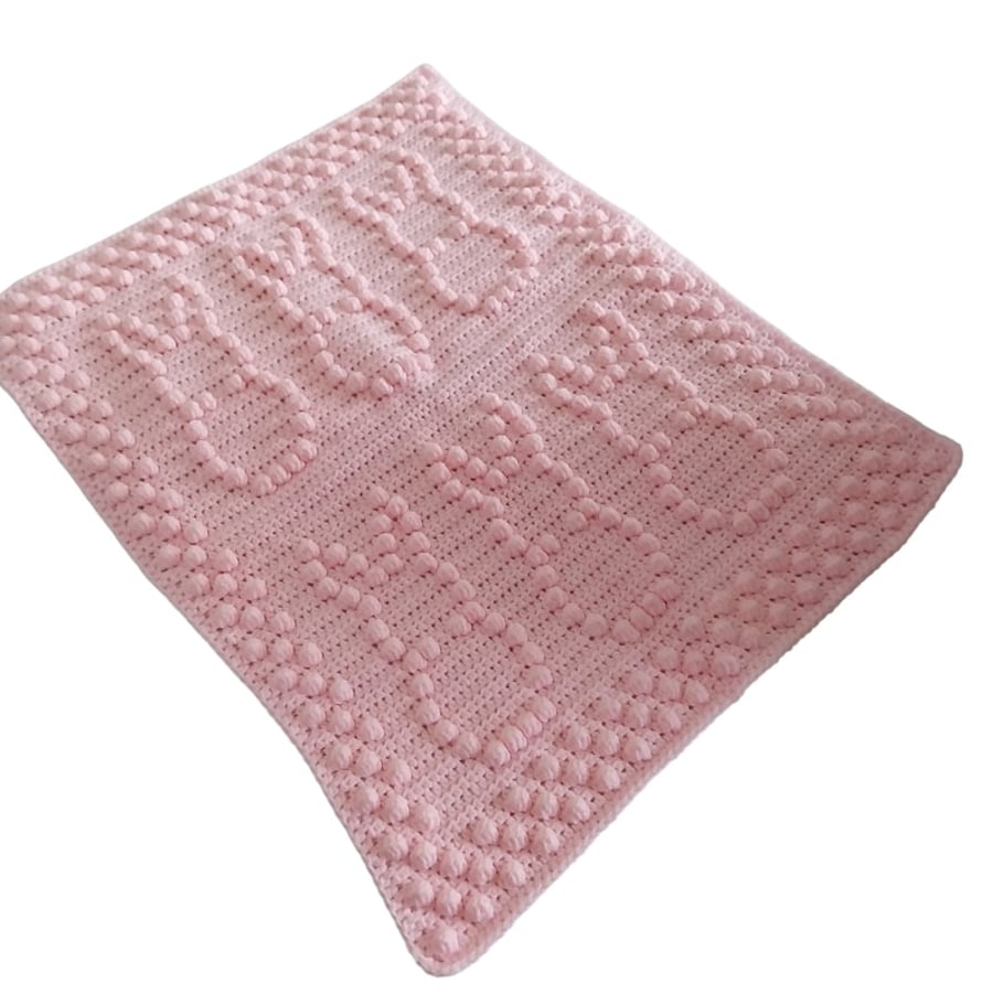 Crocheted Bunny Baby Blanket, Pale Pink Nursery Decor, Newborn Gift, Baby Girl 
