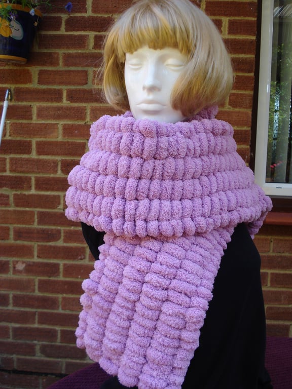 Lovely Dark Pink Scarf Wrap Stole Hand Knitted With Thick Pom Pom Yarn (R495)