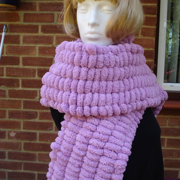 Lovely Dark Pink Scarf Wrap Stole Hand Knitted With Thick Pom Pom Yarn (R495)