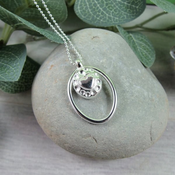 Silver Nugget with Heart & Oval Pendant, Recycled Silver Necklace
