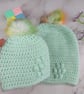 Matching Mum and Baby Crochet Hats, Pastel Green Pom Pom Beanie Set  - Image 2