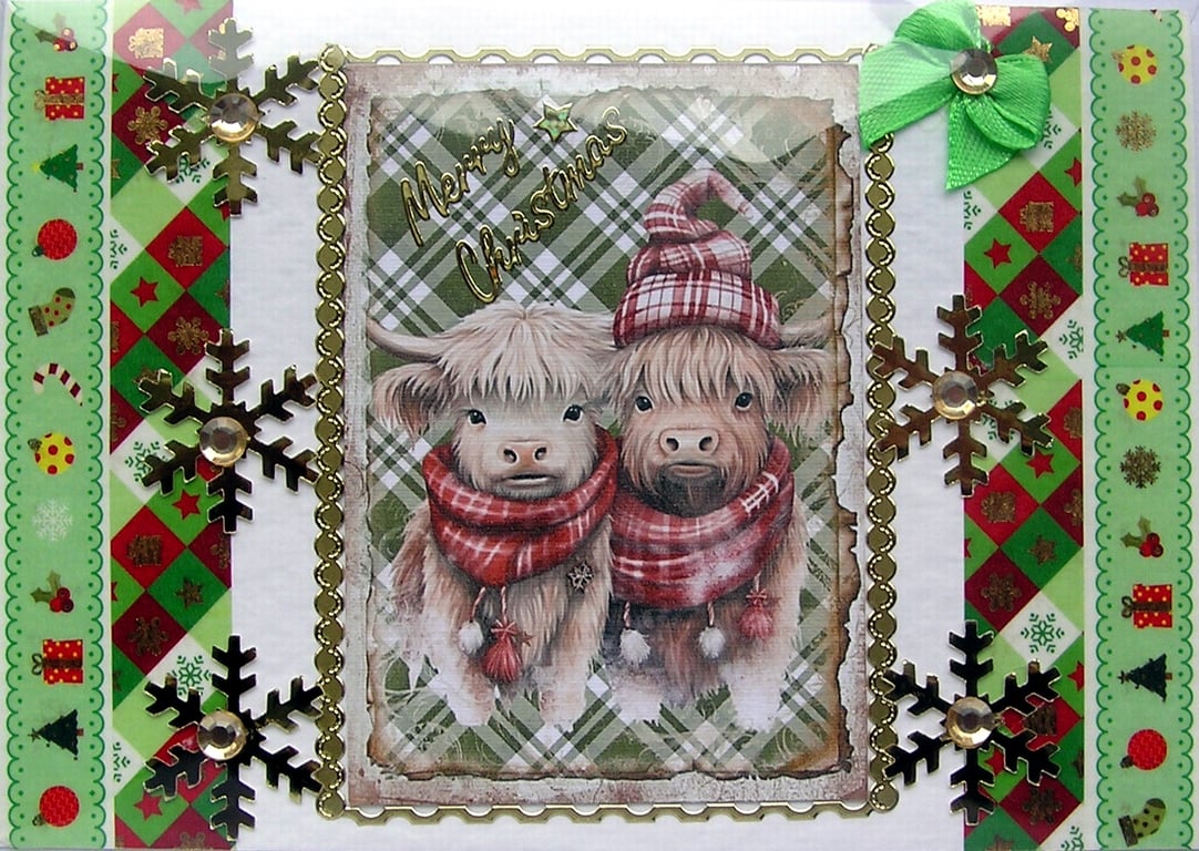Hand Crafted Decoupage Chistmas Card - Merry Christmas (2725) - Highland Cow
