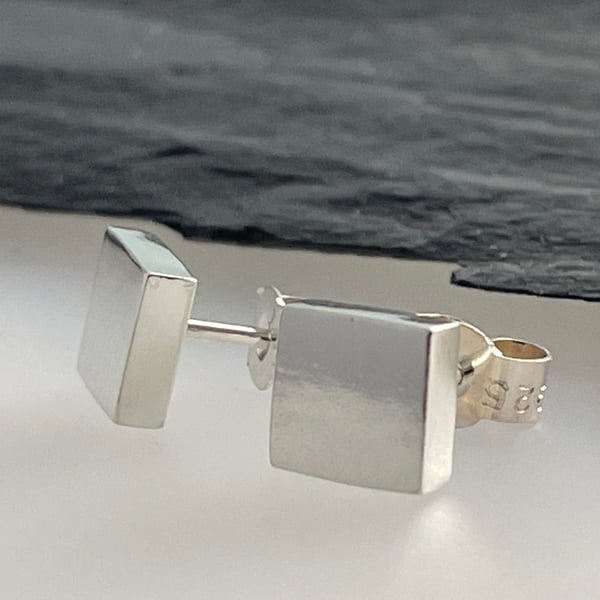 Chunky Sterling Silver Square Ear Stud Earrings 6mm - Plain-Smooth - Handmade